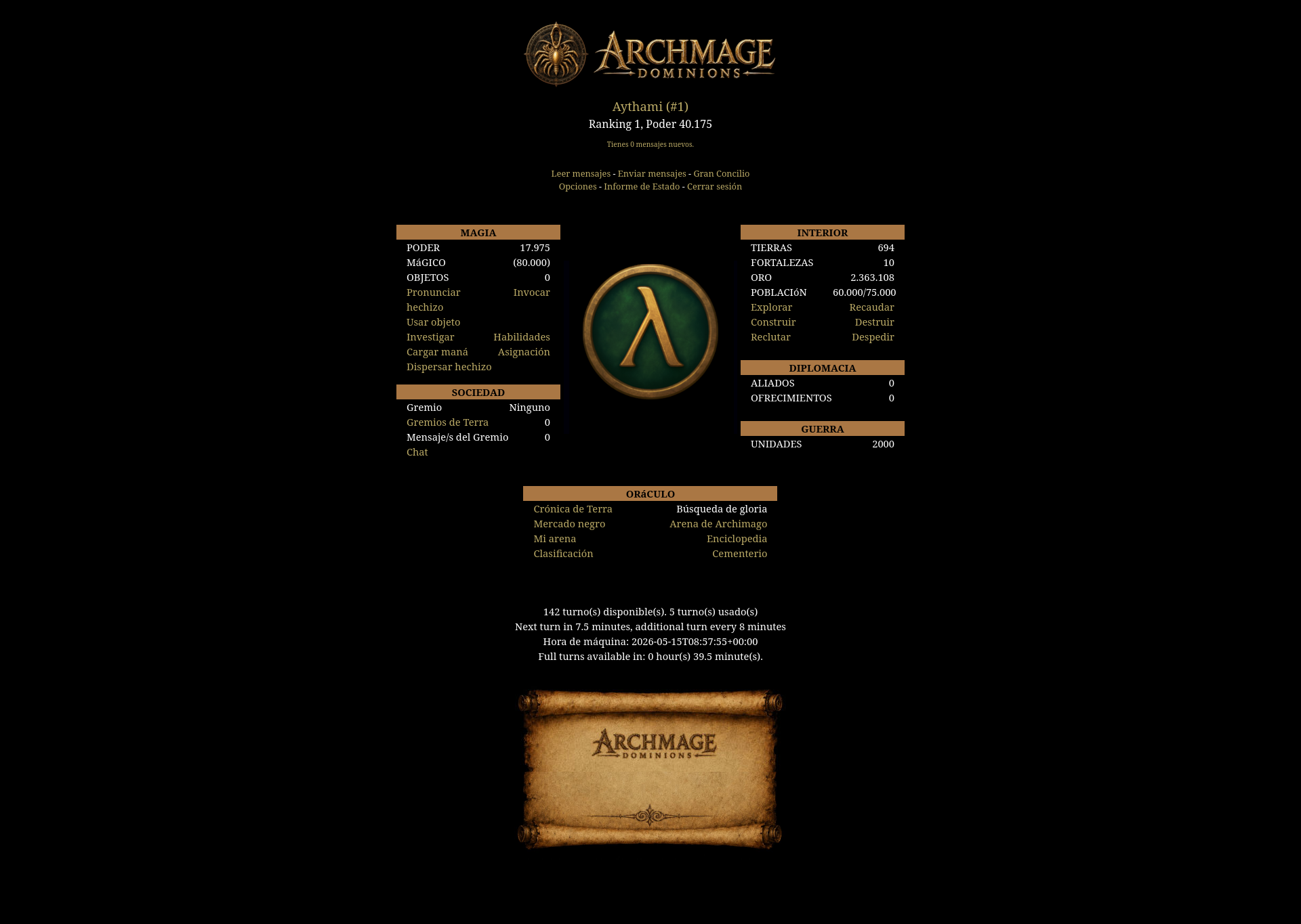 Dashboard del juego en ordenador