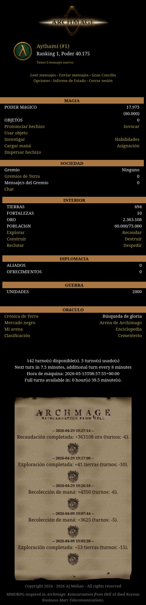 Dashboard del juego en smartphone