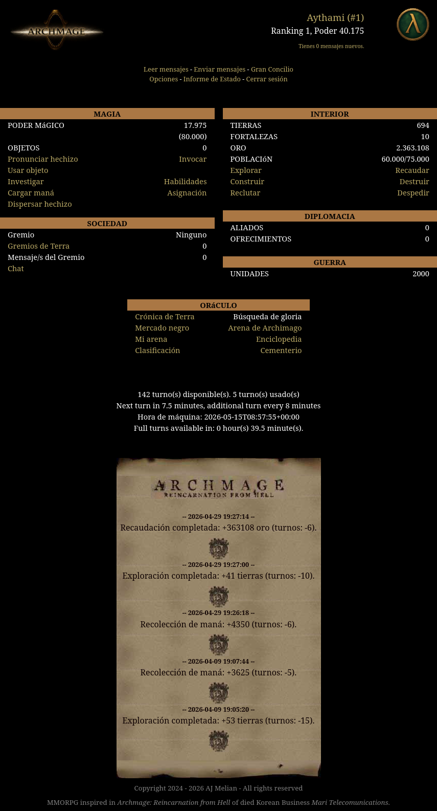 Dashboard del juego en tablet